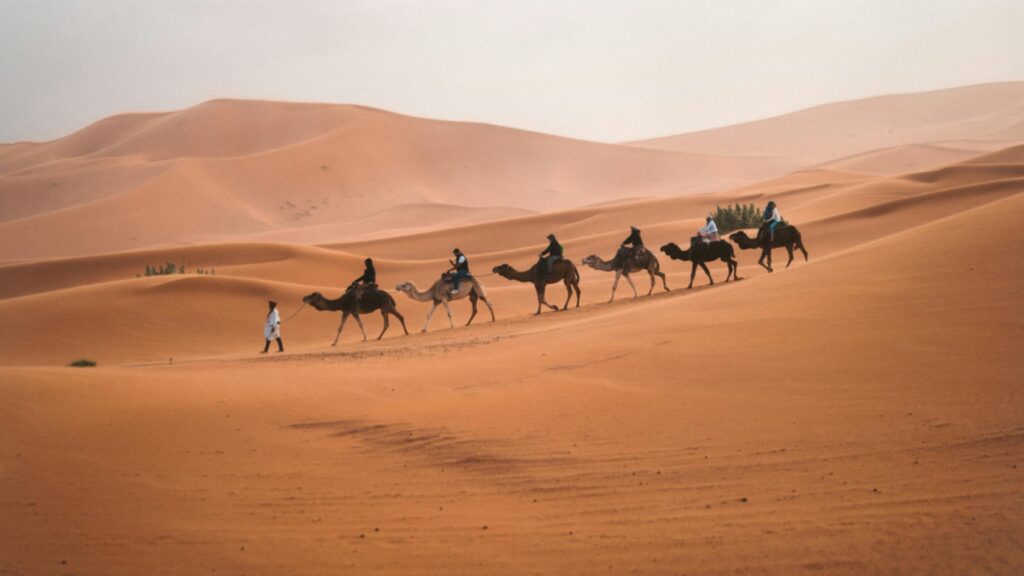 Desierto de Marruecos con dunas del Sahara y paseo en camello al atardecer.